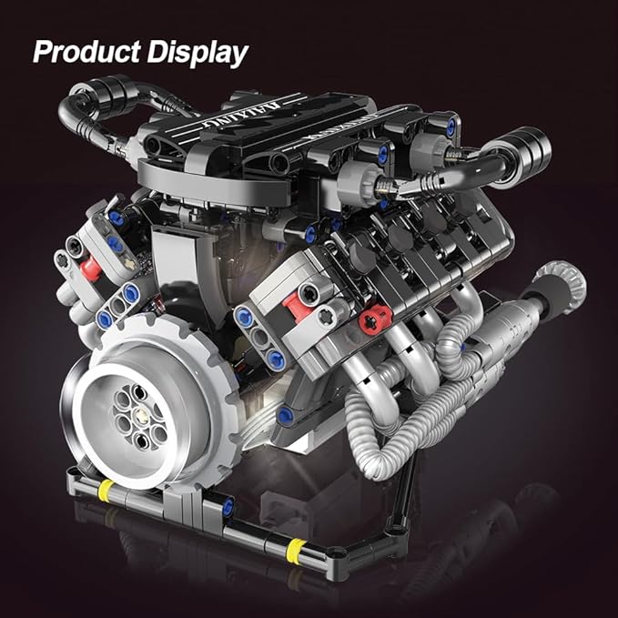 39007 V8 Engine Model Kit, Runnable, Build Your own STEM Visible Mini V8 Engine Model Kit with Lights, Adult and Adolescent Physics Science Experiment Building Block Set (715 Pcs)