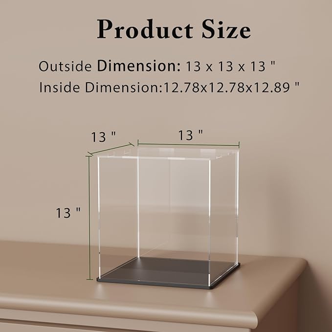 SVENJBB Large Display Case for Collectibles, 13x13x13 Inch Acrylic Box for Miniature House and Figures, Clear Acrylic Display Cases with Matte Black Base for Collection Protection and Storage