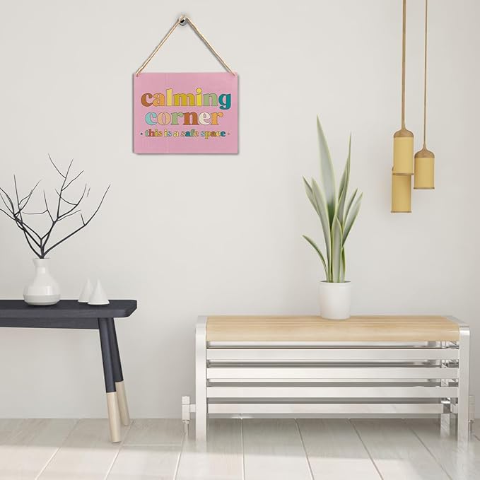 Calming Corner Hanging Wood Sign Plaque - Safe Space, Classroom Decor, School Counselor Office, Calm Down Corner Decorations, Boho Decor (Pink), 10x8