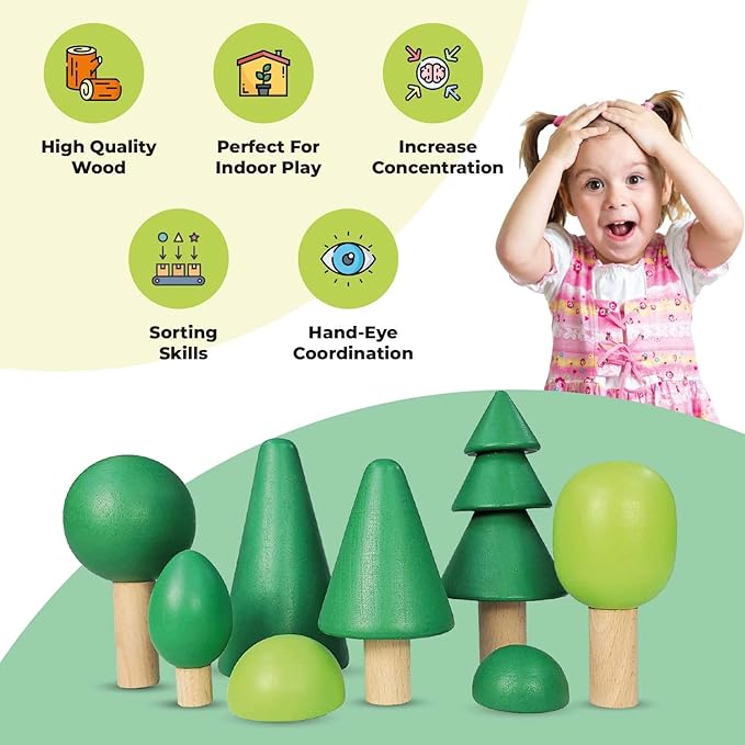 TEKOR (8 Pcs Wooden Tree Toy Set | Natural Wood Mini Trees | for Craft | Play Sets | Fairy Gardens | Decoration | Varying Green Colors | Creative Education Toys | Smooth | Multiple Play Options