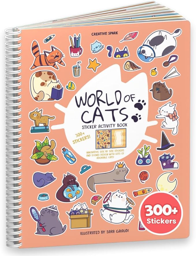 Cupkin Cat Sticker Book Activity for Kids, Toddler Airplane Travel Essentials, 300+ Kitten Stickers for Kids + 8 Scenes + Coloring Book Pages, Cat Lover Gift, Children's Crafts Ages 2-8