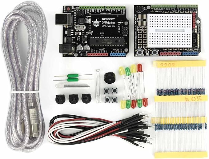 DFRobot Basic Starter Kit for Arduino UNO R3 with 83 Components & 12 Projects - Beginner Electronics Kit with Step-by-Step Tutorials, Pre-Sorted Parts - Learn Coding & STEM