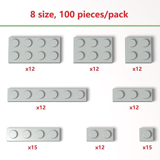 100 Pieces Classic Building Plate Assortment Pack, 8 Sizes Small Baseplates Multipacks, Compatible with Lego Parts and Pieces, Small Plate for Building(Color:Light Gray)