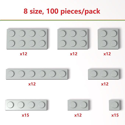 100 Pieces Classic Building Plate Assortment Pack, 8 Sizes Small Baseplates Multipacks, Compatible with Lego Parts and Pieces, Small Plate for Building(Color:Light Gray)