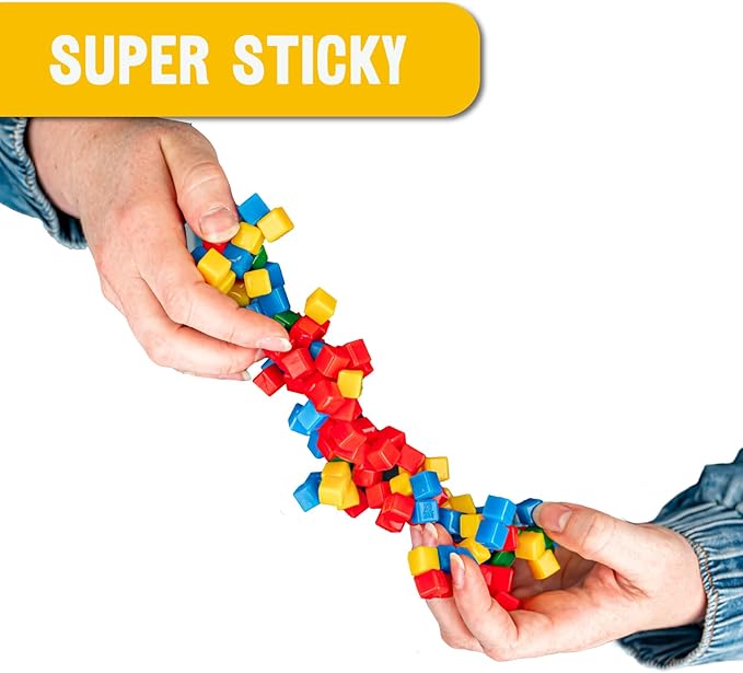 KOMARC GAMES StickiKubes, Mini Stacking Cubes That Stick to Anything, Non Toxic Kid Safe Sticky Blocks, Creative Construction Toy - 125 Cubes, 4 Colors, Tub