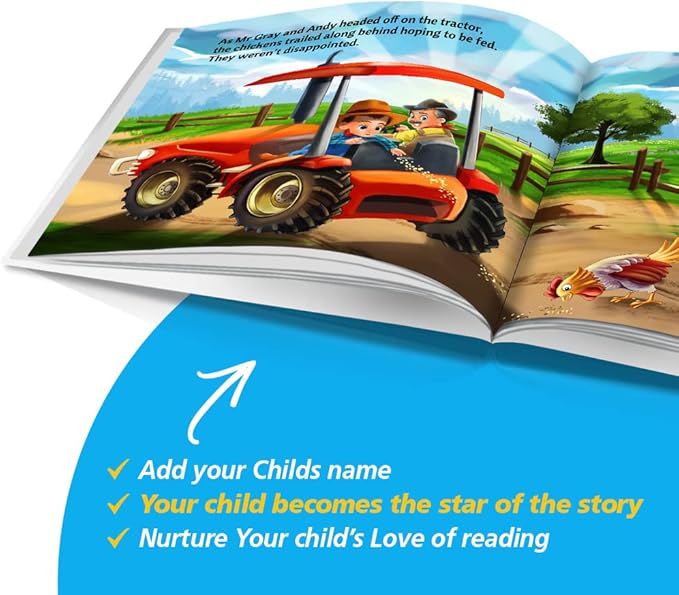 Personalized Storybooks by Dinkleboo - Visits The Farm - Your Child Joins Mr. Gray On A Trip Around The Farm - for Children Aged 0 to 8 Years Old - Soft Cover - Smooth, Glossy Finish (8"x 8")