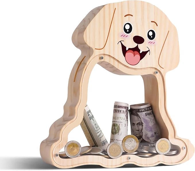 Wooden Dog Piggy Bank for Kids with Letter Sticker, Cute Labrador Wood Money Box, Unbreakable Coin Bank for Boys, Girls, Money Jar Personalizable Birthday Gift, Educational Toy for Kids