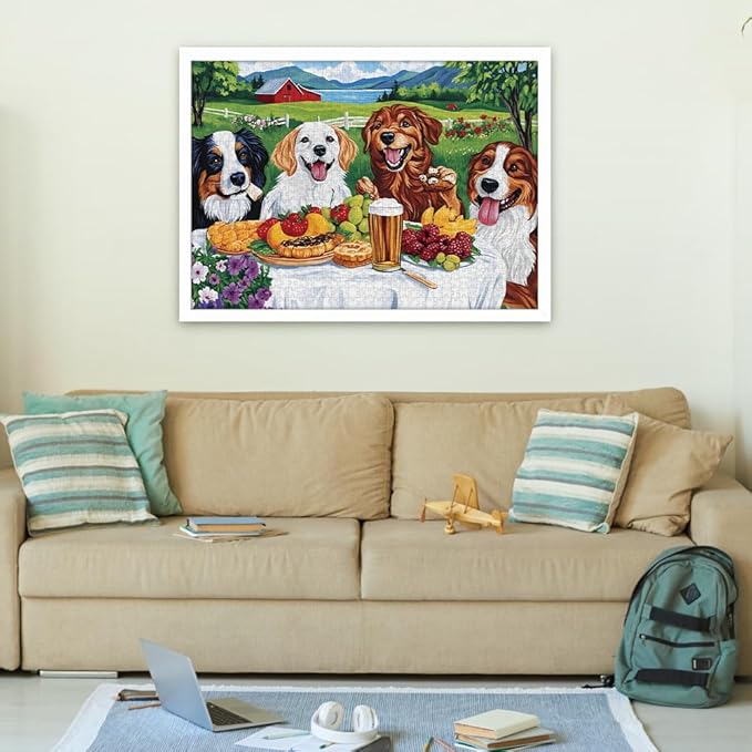 1000 Piece Puzzle for Adults Picnic Puppy Jigsaw Puzzles 1000 Pieces Reusable, Puzzles Fit for Family, Parents and Friends Gatherings