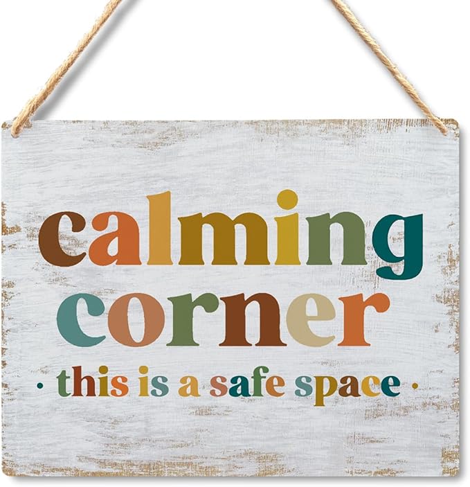 Calming Corner - Safe Space Hanging Wood Sign Plaque, Classroom & Office Decor, Calm Down Corner Decorations, Boho Style(Yellowish White), 10x8