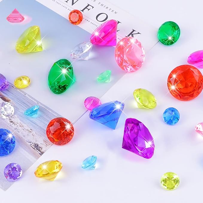 YUJUN 46 PCS Diving Gems Toys,Acrylic Big Diamond Pool Gems with Pirate Treasure Chest Summer Beach Underwater Swimming Toys for Kids Birthday Swimming Pool Party Favors Fish Tank Stuffer (3 Sizes)