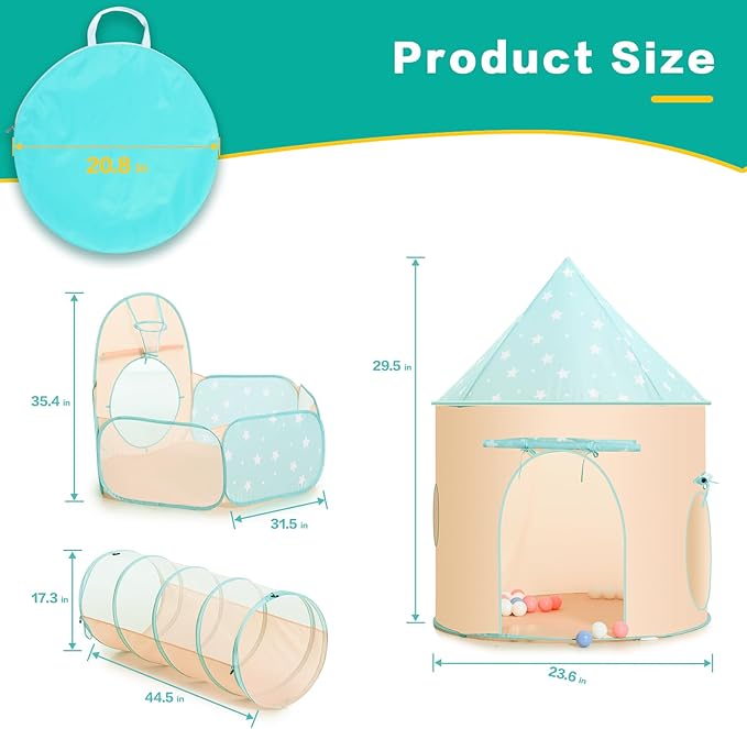 PigPigPen 3pc Kids Play Tent for Girls and Boys with Ball Pit, Crawl Tunnel, Princess Tents for Toddlers, Baby Space World Playhouse Toys, Boys Indoor& Outdoor Play House, Perfect Kid’s Gifts