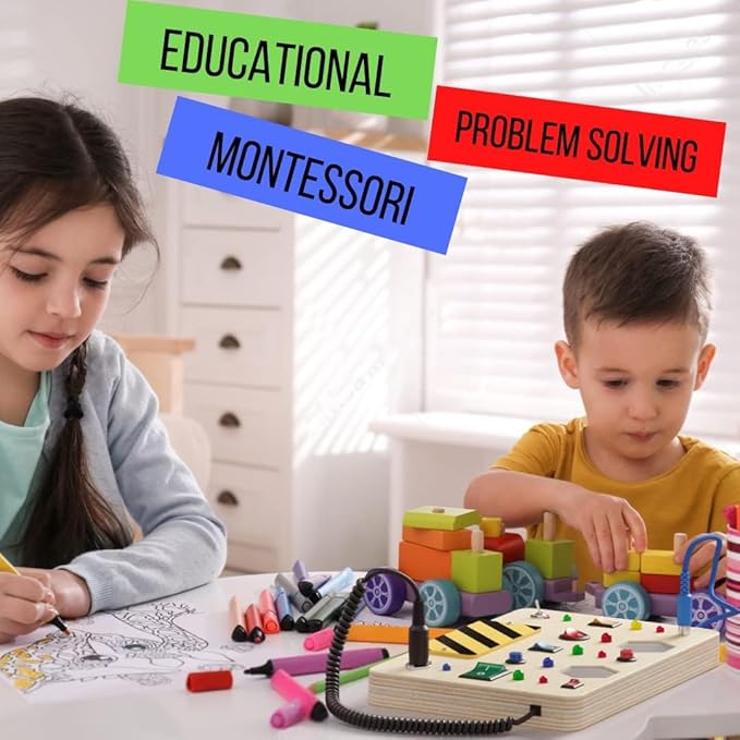Crown Display Montessori Busy Board for Toddlers Wooden Sensory Toys for Toddlers with Light Up LED Buttons Pluggable Wires Baby 3 Year Old Gifts - Boys & Girls Educational Learning Fidget Toy