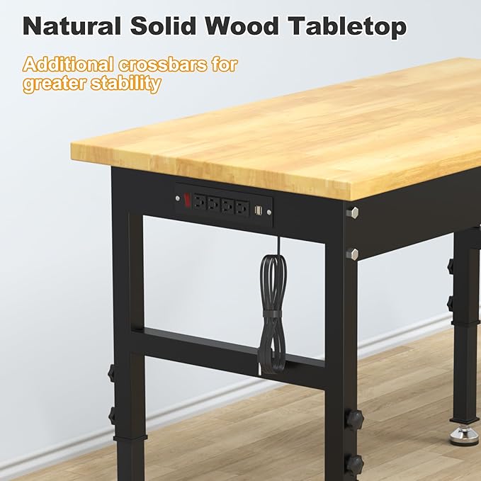 48" Adjustable Workbench for Garage, Solid Wood Top Work Bench for Garage, 2000 LBS Heavy-Duty Worktable with Power Outlets, Portable Work Station for Repair Shop, Workshop, Office