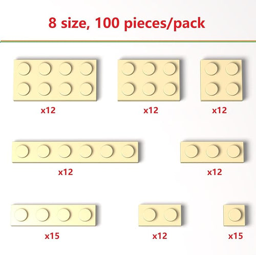 100 Pieces Classic Building Plate Assortment Pack, 8 Sizes Small Baseplates Multipacks, Compatible with Lego Parts and Pieces, Small Plate for Building(Color:Tan)