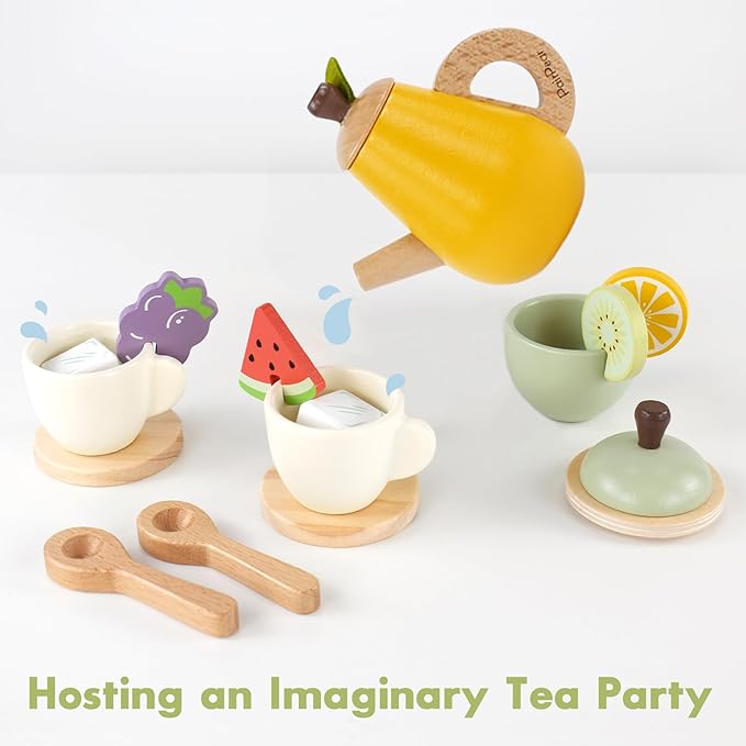 PairPear Wooden Tea Party Set for Little Girls 20pcs Pretend Play Fruit Tea Set with Pear Teapot, Dessert & Citrus Slices, Kids Kitchen Accessories Wooden Toys Food for Toddlers & Kids 3+