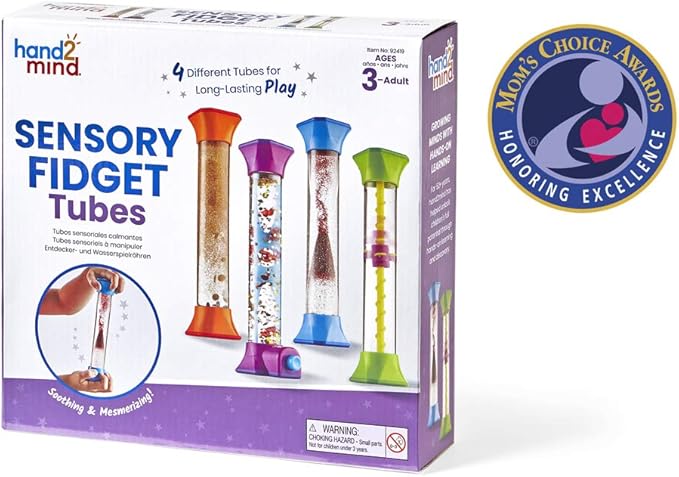 hand2mind Sensory Fidget Tubes, Calming Toys for Kids, Occupational Therapy Toys, Play Therapy, Stress Relief Toy, Comfort Items for Anxiety, Calm Down Corner Supplies (Set of 4)