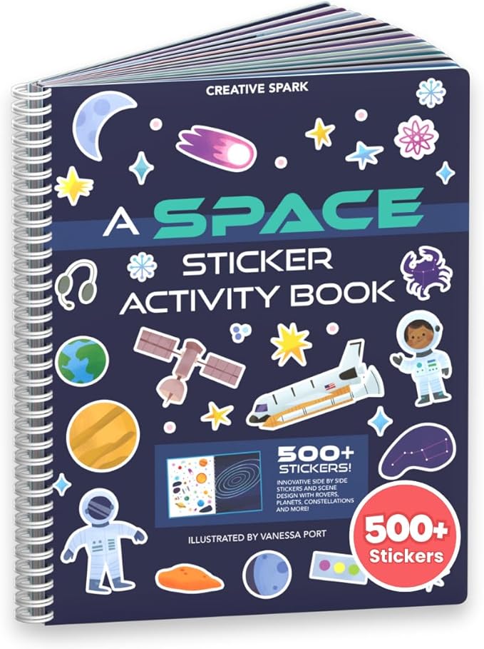 CUPKIN Outer Space Sticker Book for Kids 2-4, 500+ Kids Stickers 12 Coloring Pages, 12 Side by Side Scenes, Fun Toddler Travel Activity Coloring and Sticker Books for Ages 4-8 + 8-10