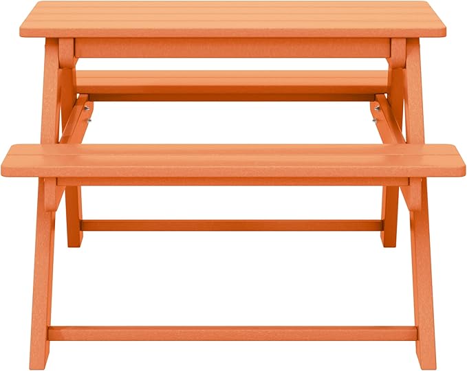 Costaelm Kids Picnic Table, HDPE All Weather Outdoor Toddler Picnic Table and Chair Set Kids Bench for Patio, Backyard, Garden, Lawn, Orange