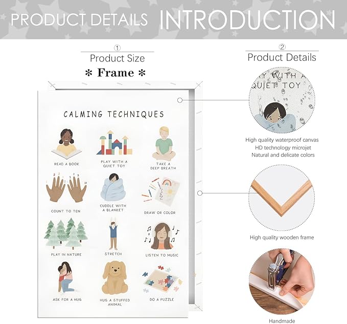 Feelings Calming Techniques Canvas Wall Art Calming Corner Classroom Mental health Posters Boho Emotions Chart for Kids Prints Special Education Wall Decor for Office School 12x16in Framed