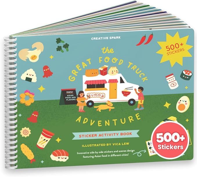 CUPKIN Sticker Book for Kids 2-4, 500+ Kids Stickers, Food Truck Adventure 12 Coloring Pages 12 Side by Side Scenes Fun Toddler Travel Activity Coloring and Sticker Books for Ages 4-8 + 8-10