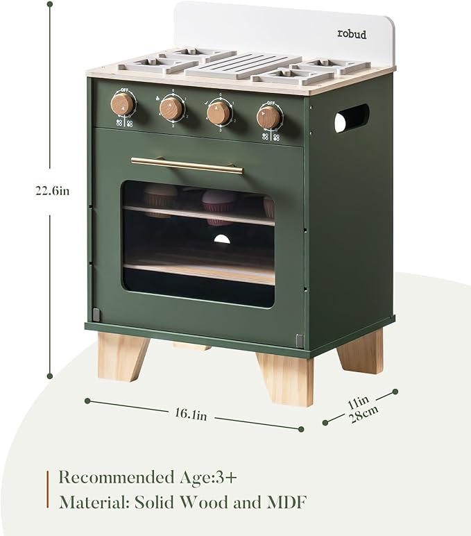 ROBUD Vintage Wooden Toy Kitchen Oven for Kids, Pretend Play Oven with Push-Pull Baking Tray, Realistic Sound Effects, Ideal Gift for 3+ Years Old Grils and Boys