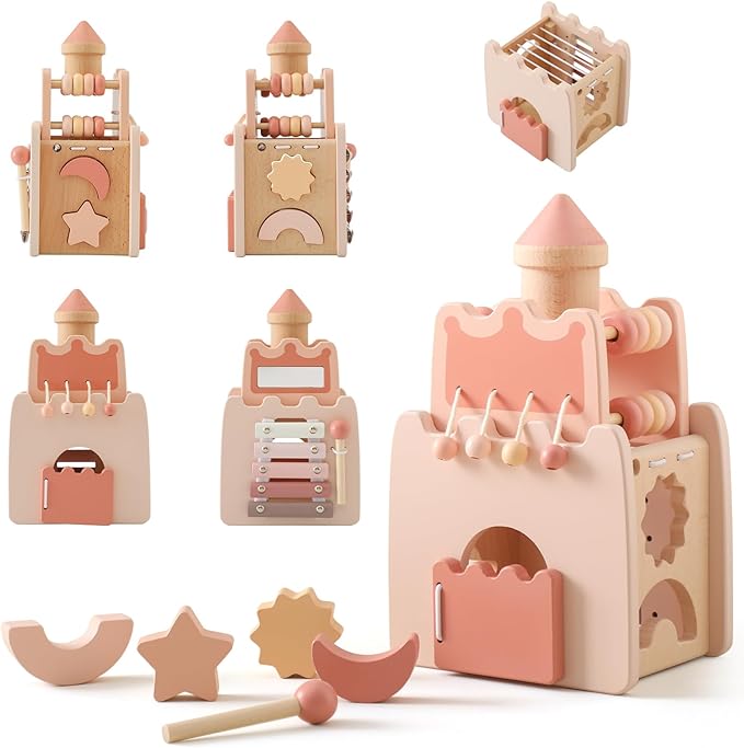 Wooden Baby Activity Cube for Toddlers 1 Year Old,5 in 1 Shape Sorter Abacus Beads Montessori Toys for Baby Girl 6 Months+, Early Educational Learning Toy for Girls 1 Year Up