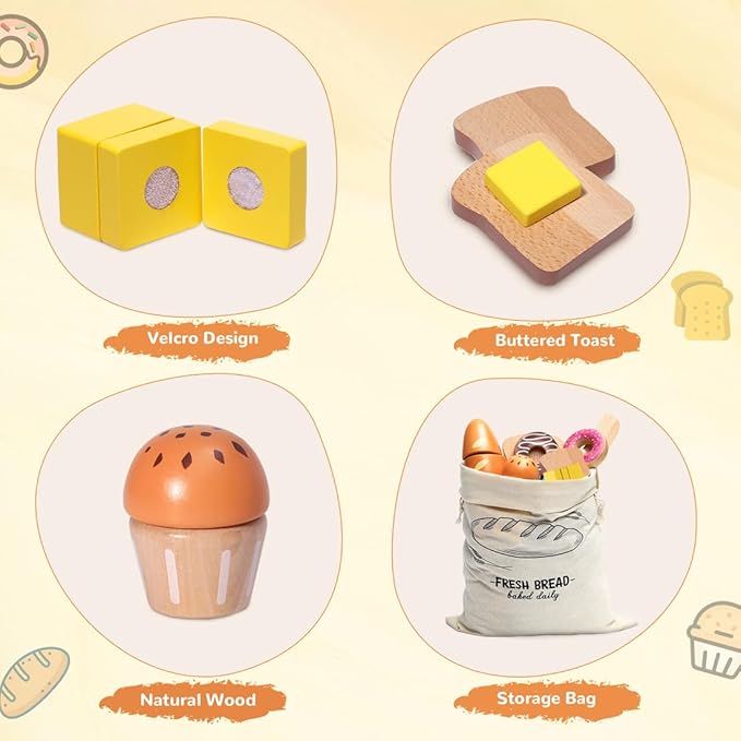 Wooden Bakery Playset Food Toys, Kids Pretend Play Food Baking Set Kitchen Accessories with Storage Bag, Pretend Play Bread Cutting Food for Boys Girls 3+