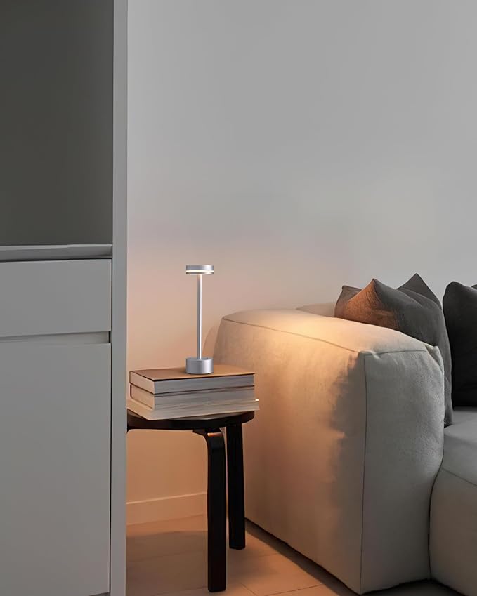 PUSU Portable Table Lamp Battery Powered LED Lamp Cordless Table Lights 3-Level Brightness Touch Control, for Home Office Bedroom Hotel Room Restaurant Outdoor(Silver)