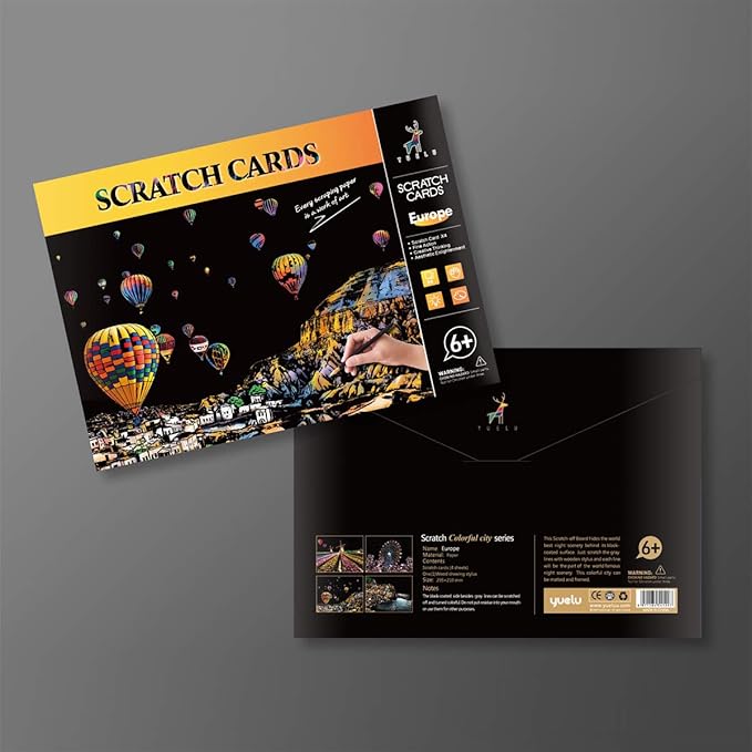 Rainbow Scratch Art Painting Paper (A4) for Adults & Kids, DIY Night View Scratchboard Set: 4 Sheets Scratch Cards & Clean Brush, Drawing Pen(Cinque Terre / Windmill / Ferris Wheel / Hot Air Balloon)