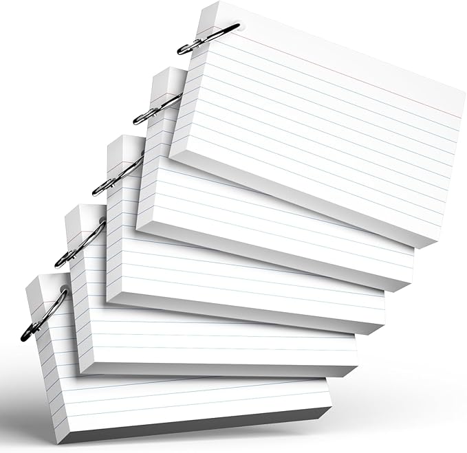 250 Count White Index Cards with Ring 3 x 5 Inch Heavyweight Ruled Index Cards, Flash Cards for School & Office Supplies and Home Organization, Durable Study To Do List Note Cards with Ruled Lines