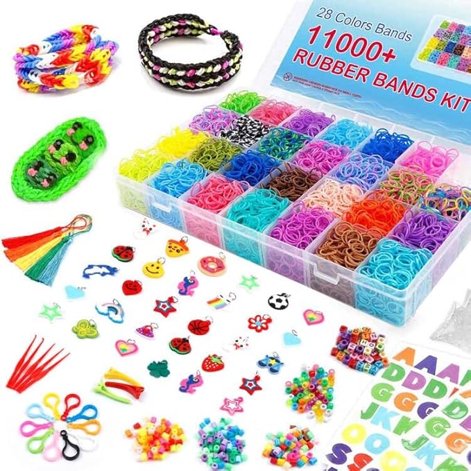 INSCRAFT Rubber Band Refill Kit, Over 11000 Rubber Bands, 28 Colors with Container, 600 Clips, 200 Beads, 52 ABC Beads, Premium Bracelet Making Refill Kit for Girls Kids