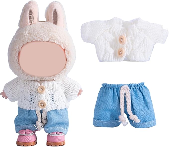 17cm Doll Clothes Set, Premium Jeans & Knitted Sweater Outfit for 17cm 15cm Dolls, Cute Dress Up Fashion, No Doll Included (White, 17cm/15cm)