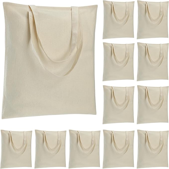 12 Pack Large Canvas Tote Bag - Lightweight Thin Tote Bags Bulk Blank Shopping Reusable Grocery Bags for DIY Gift Sublimation Activity - Beige