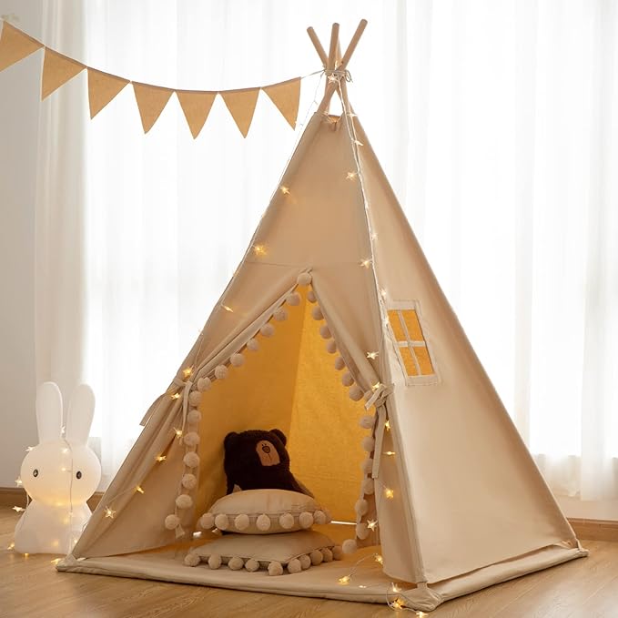 Kids Teepee Tent with Lights &Large Pompoms & Carry Bag, Machine Washable Tent for Kids Indoor, Toddler Teepee for Girls & Boys（Without Mat）