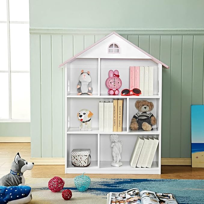 Wooden Dollhouse Bookshelf 3-Tier Doll House Bookcase Kids Books Toys Storage Organizer Shelves for Children's Bedroom Playroom Kindergarten Nursery Gift for Boys Girls Ages 3-8 Years Old