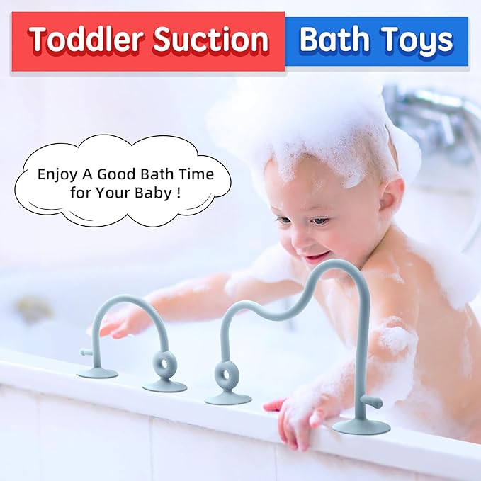 Baby Sensory High Chair Suction Toys for Infant Toddlers 6 12 18 24 Months, Food Grade Silicone String with Oak Loop Montessori Educational Parent-Child Baby Bath Toy (Blue)