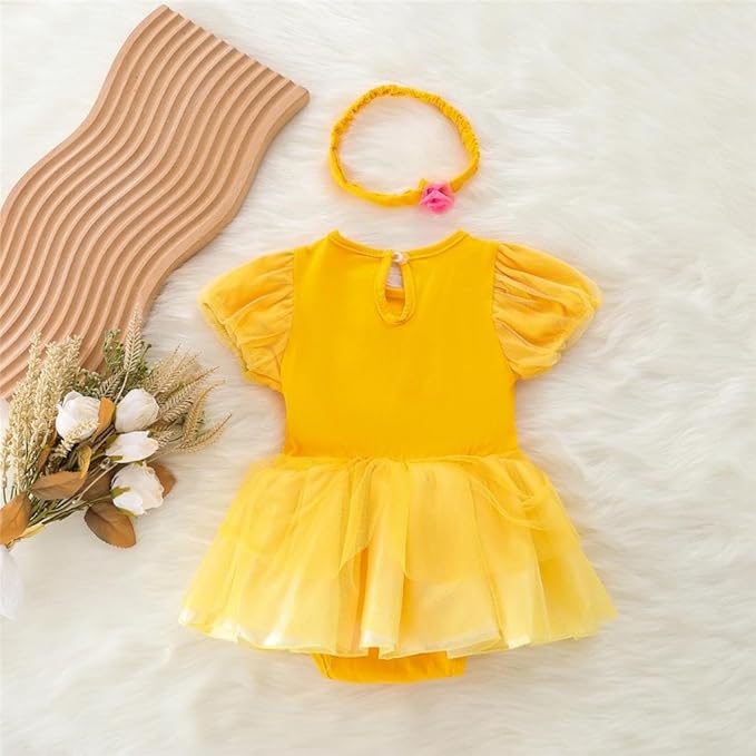 Dressy Daisy Princess Onesie Romper Fancy Dress Costume Halloween Birthday Bodysuit Outfit with Headband for Infant Baby Girl