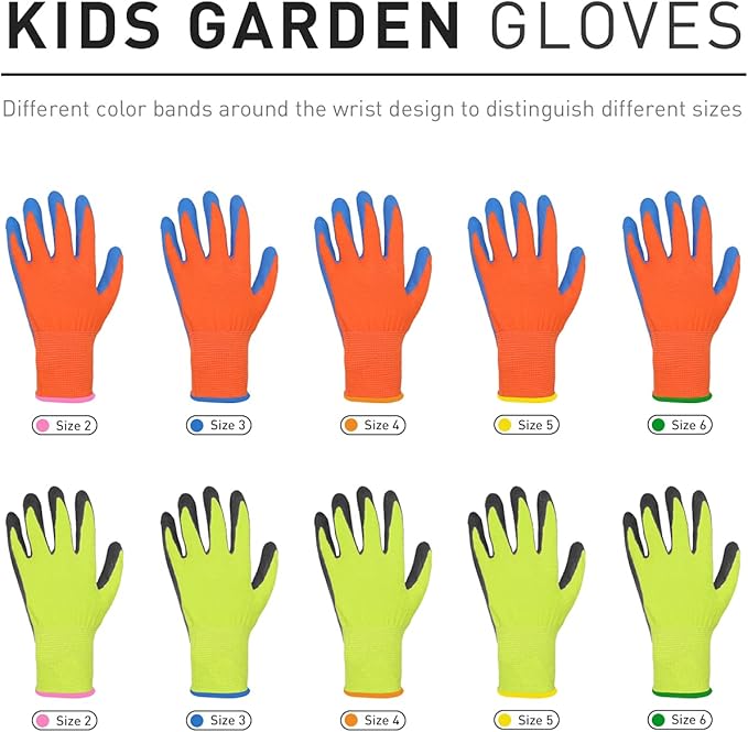 HANDLANDY 3 Pairs Kids Gardening Gloves Latex Free, Nitrile Coated Children Toddler Garden Yard Work Gloves for Little Girls Boys (Size L, Black-Orange)