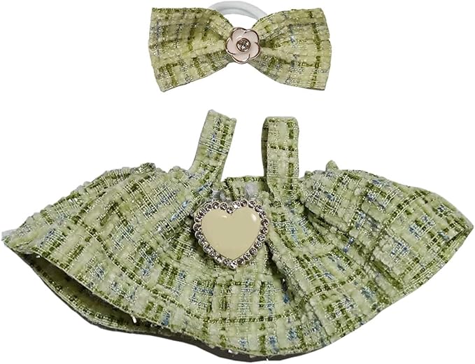 17cm Doll Clothes - Luxury Chic Style Set for labubu 5.91-6.7“ (15-17cm) Dolls, Cute Premium Fashion Doll Outfit with Accessories - Light Green Plaid Tweed Dress +Plaid Bow
