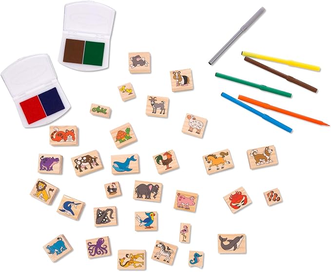 Melissa & Doug Deluxe Wooden Stamp Set: Animals - 30 Stamps, 6 Markers, 2 Stamp Pads