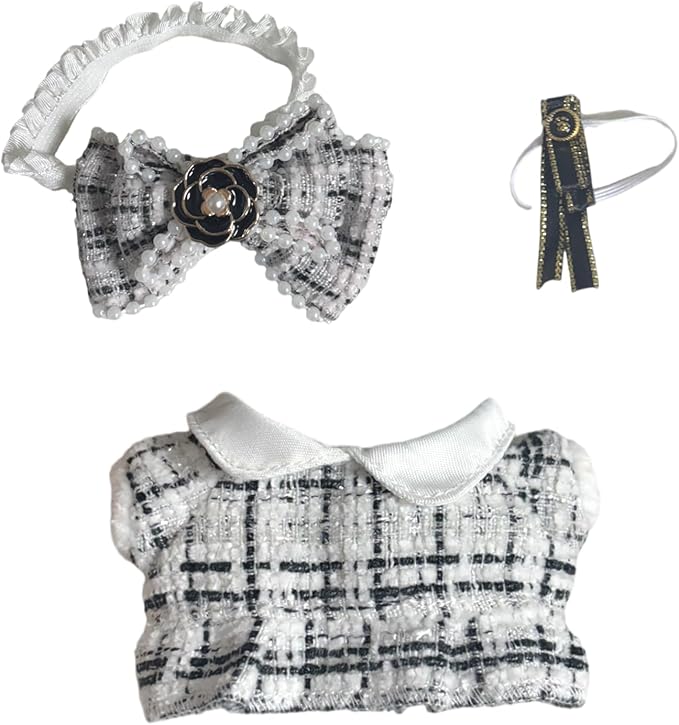 Clothes for 17cm Doll(Clothes Only)– 3-Piece Set Cute Elegant Outfit + Bow Headband + Collar Decoration for a Unique Dressed-Up Look– Fashion Handmade Accessories for Doll(White)