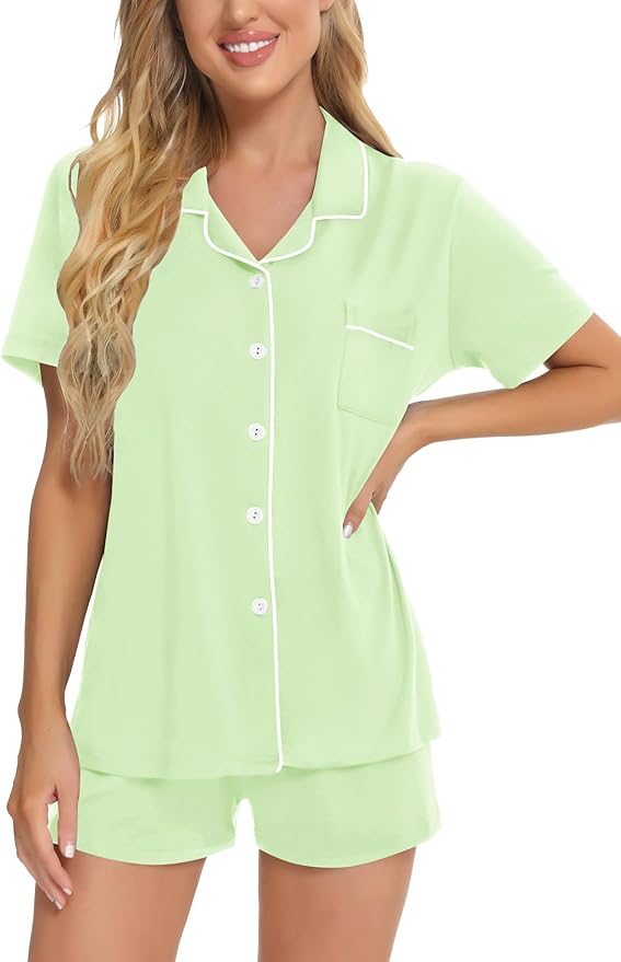 SWOMOG Womens Button Down Pajamas Set Short Sleeve Sleepwear Bride Soft Pj Lounge Sets XS-3XL