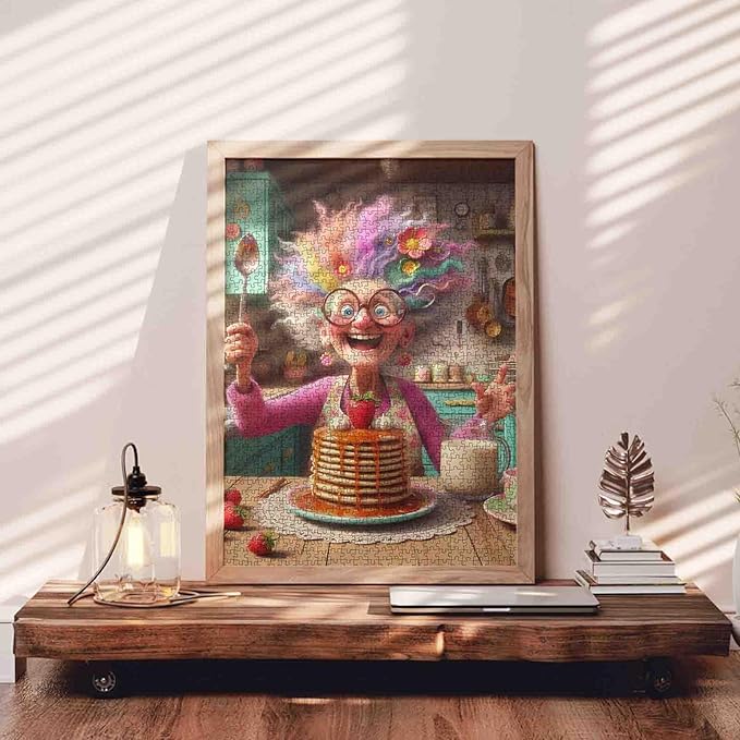 Funny Grandma Pancake Jigsaw Puzzles 1000 Pieces Rainbow Hair Elderly Lady Art Jigsaw Puzzles for Challenging Family Games Kitchen DIY Handwork Puzzle for Home Wall Decor Gifts 20x27 Inches
