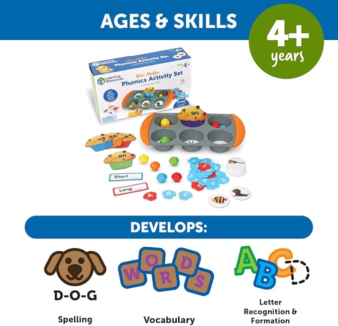 Learning Resources Mini Muffin Phonics Activity Set, Preschool Toys, Preschool Learning Activities, Play Food, Kindergarten Toys, Ages 4+,70 Pieces