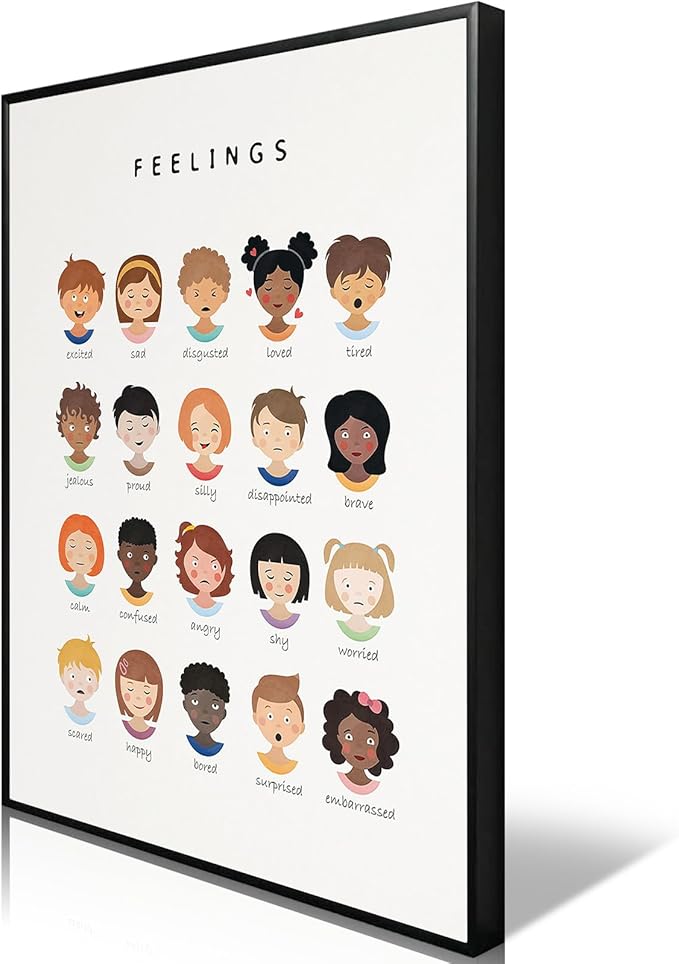 uoyien Feelings Chart And Emotions Poster For kids Mental Health Awareness Canvas Wall Art Special Emotions Faces Calm Corner Prints Classroom Social Worker Office Decor 16x22in Metal Framed