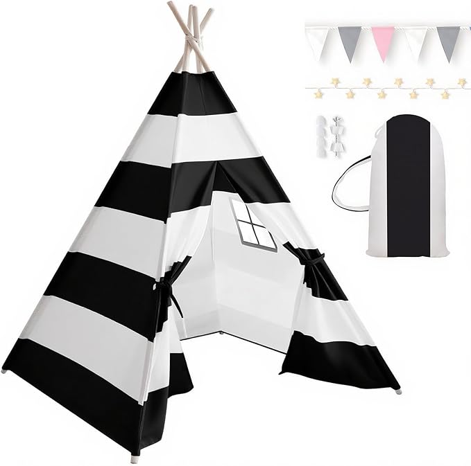 Teepee Tent for Kids with Lights, and Carry Bag, Washable Playhouse for Indoor Use, Ideal Play Tent for Girls and Boys, Stripe Black