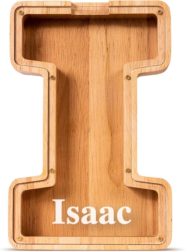 Summidate Customized Name Large Wooden Piggy Bank for Kids Boys Girls Alphabets Letter A-Z Coins Bills Money Change Bank Box Initial on Clear Cover (Laser Engraved) (Alphabet-I, Personalized-9")
