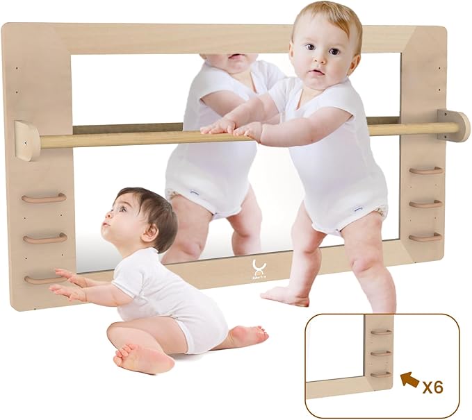 XIHAToy Coordination Mirror Montessori Wooden Toddler Mirror Safety Shatterproof Mirror Acrylic Non-Glass Early Learning to Walk Mirror with Handle, XH-MTM-2