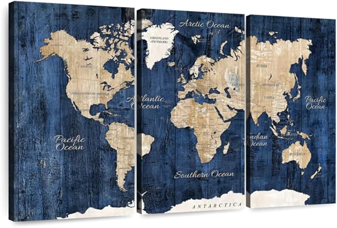 ElephantStock Aged Blue World Map II Canvas - 3 Panel Wall Decor - World Map Digital Art - Blue Wall Art - 33" X 20"