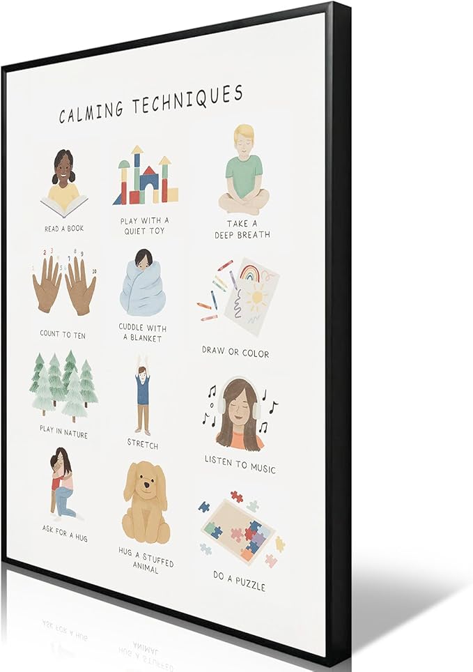 uoyien Calming Corner Classroom Mental health Poster Feelings Calming Techniques Canvas Wall Art Boho Emotions Chart for Kids Prints Special Education Wall Decor for Office 12x16in Metal Framed